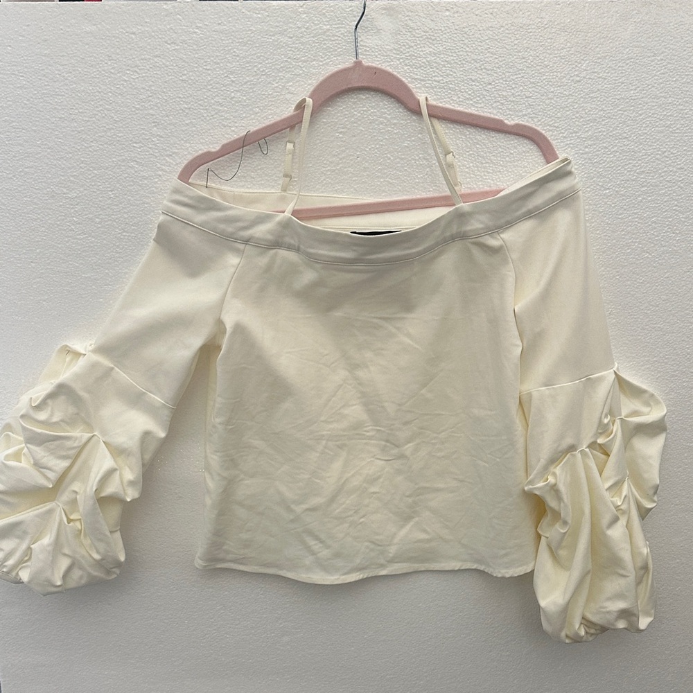 Forever 21 Cream Off-Shoulder Ruched Sleeve Blouse